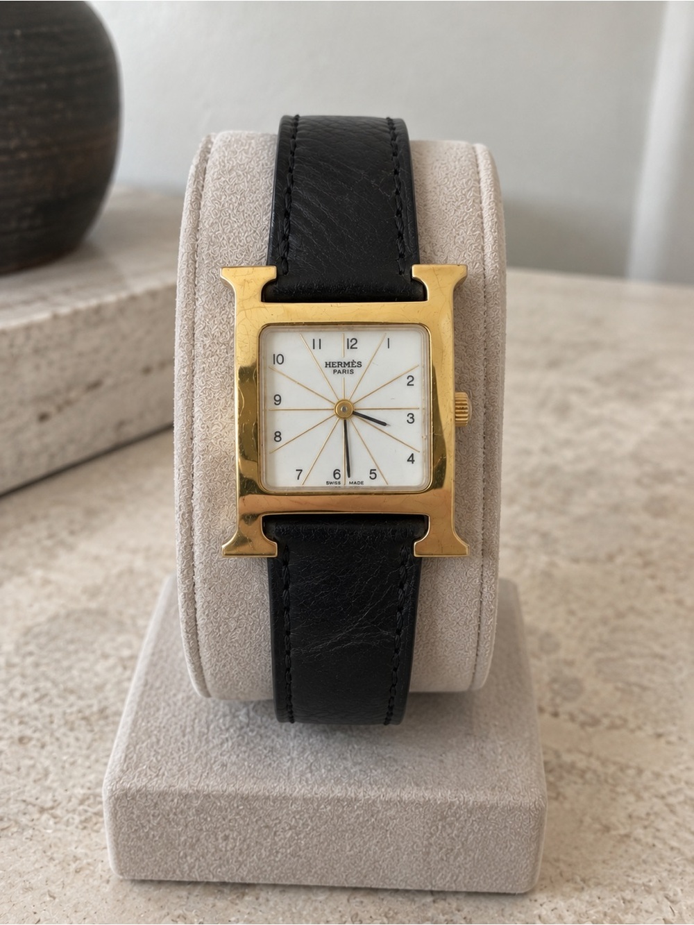 Authentic Hermès Heure H HH1.201 Gold Watch Black Leather Vintage
